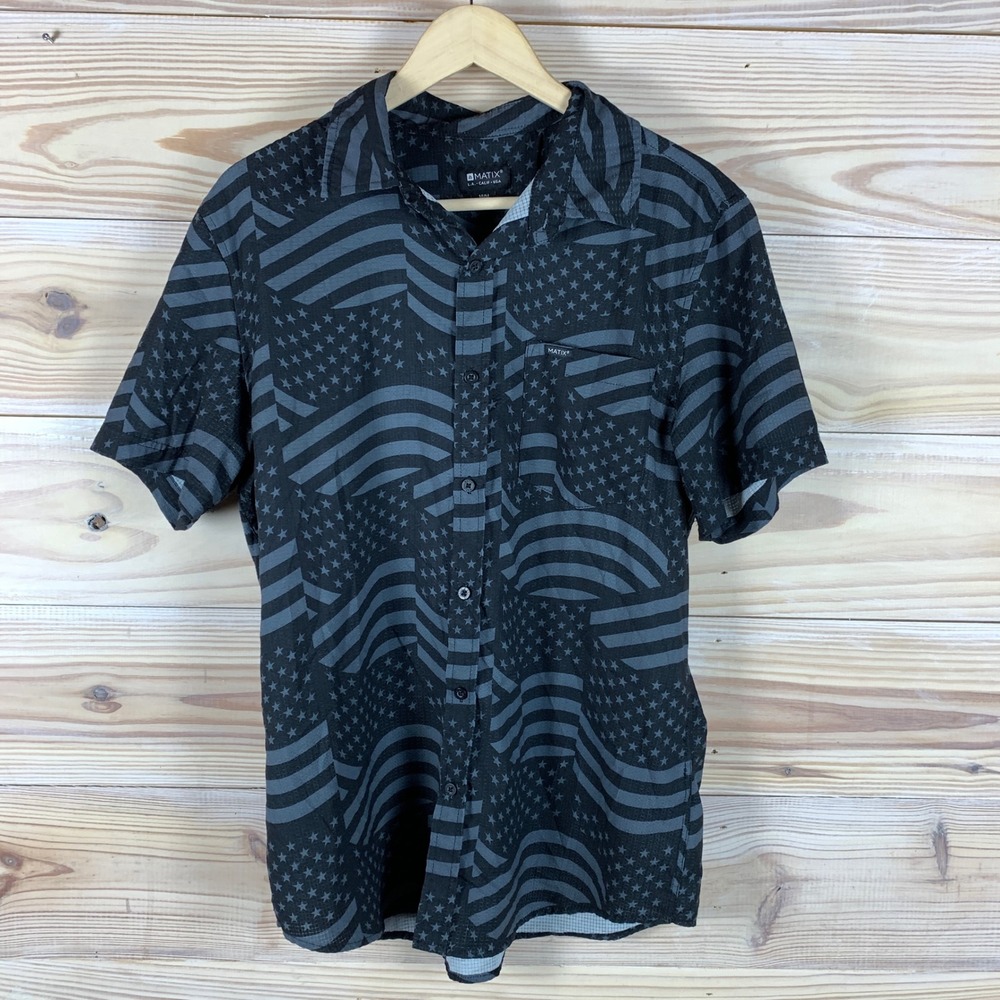 Matix Button Down Shirt Mens Medium Black American Flag Short Sleeve Ripstop Top